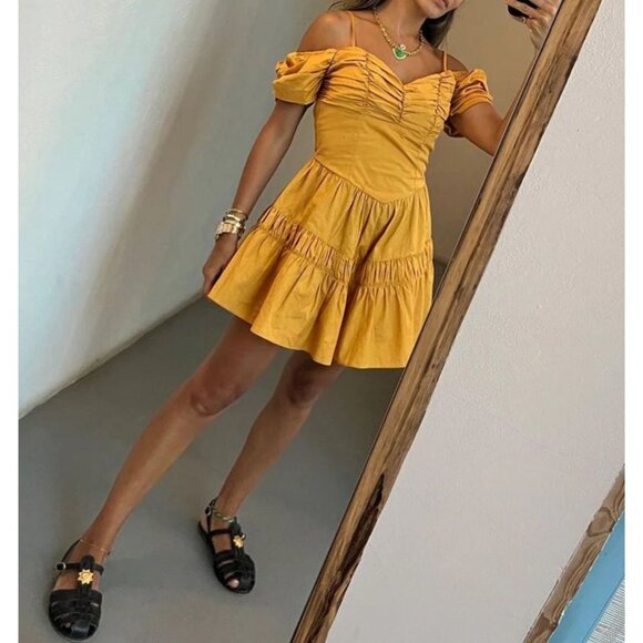 NWT Misa Los Angeles Rubina Mini Dress Marigold Off-Shoulder Size M - Picture 2 of 7